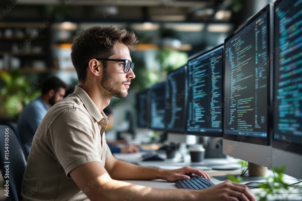 Aufkleber Focused programmer working at a desk surrounded by monitors displaying code in a modern office environment.