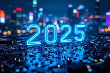 Neon "2025" glowing over futuristic circuit board, blurred urban background.
