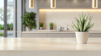 Modern kitchen with natural light and a potted plant on the counter.