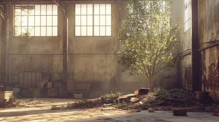 Fototapeta premium Sunlight Streaming Through Windows in an Abandoned Warehouse with Green Tree Surrounded by Dust and Debris Creating a Contrast of Nature and Urban Decay