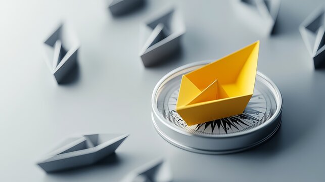 Yellow paper boat leading grey boats while positioned on a navigational compass Represents entrepreneurship and leadership