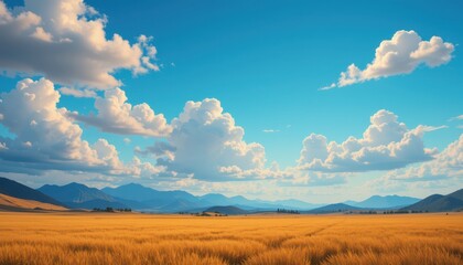 Obraz premium Golden Wheat Field Under Blue Sky With Mountains