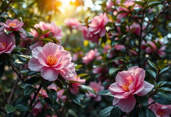 Obraz premium Photo Camellias in a shaded grove.