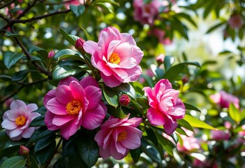 Fototapeta premium Stunning Camellias in a shaded grove.