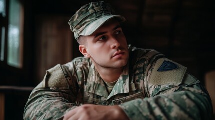 Thoughtful Soldier in Uniform Reflecting on Duty in Rustic Indoor Setting with Natural Light Casting Gentle Shadows and Highlighting Camouflage Patterns