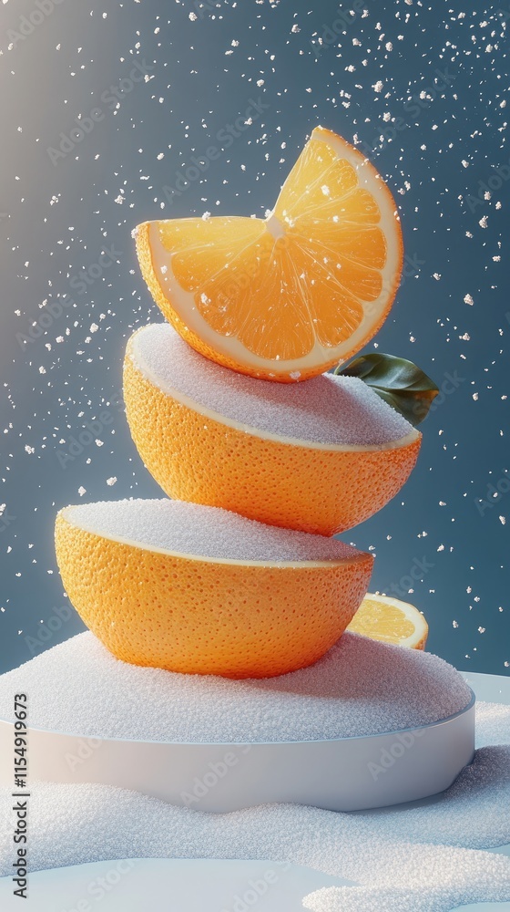 Poster a visually appealing arrangement of sliced oranges on a white surface with a snowy backdrop.