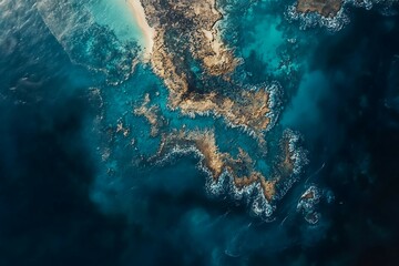 Aerial view of beautiful blue sea and rocks. Aerial view of turquoise water and coral reef