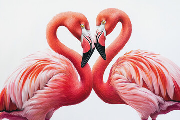 Fototapeta premium A vibrant group of flamingos with vivid pink feathers, their curved beaks highlighted