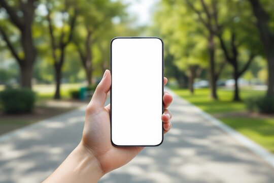 Smartphone with blank white screen held by a hand outdoors in a green park background.