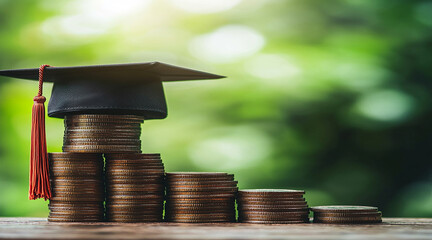 Graduation Cap Resting on a Stack of Coins Symbolizing Education Costs, Investment, and Financial Growth