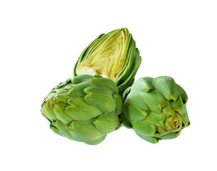 Whole and slice fresh green artichoke isolated on the white background.