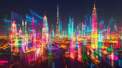 Obraz premium Vibrant city lights illuminate the skyline of Dubai at night showcasing modern architecture and bustling urban life