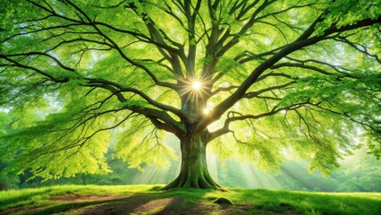 Fototapeta premium A Majestic Oak Tree Basking in the Golden Rays of the Morning Sun, a Symbol of Nature's Enduring Beauty