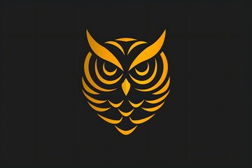 Golden owl head logo design on dark background.
