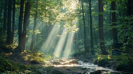 Fototapeta premium Rays of light break through the trees, on a sunny day by a serene forest stream