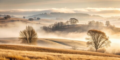 Obraz premium Golden Hour Serenity Rolling Hills Bathed in Morning Mist and Sunlight