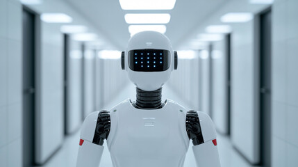 Sleek humanoid robot standing in a bright, minimalistic hallway with a modern and futuristic atmosphere