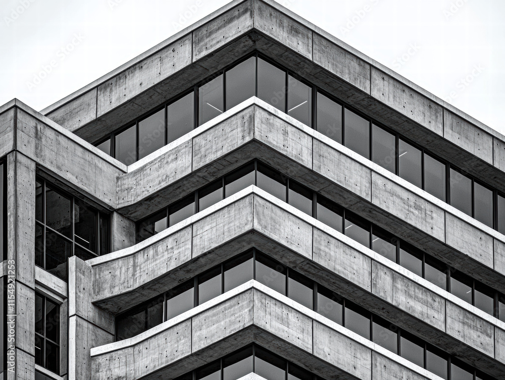 Poster concrete construction. modern concrete building with angular architecture and large windows.