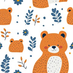 Cartoon Bear Seamless Pattern Texture with Funny Cute Animals