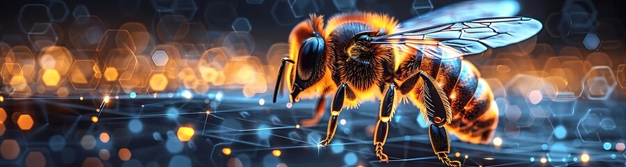 Fiery bee on abstract hexagonal background.