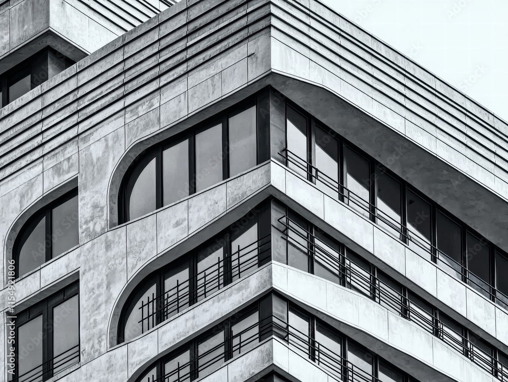 Poster concrete construction. modern architectural corner with geometric patterns and large windows.