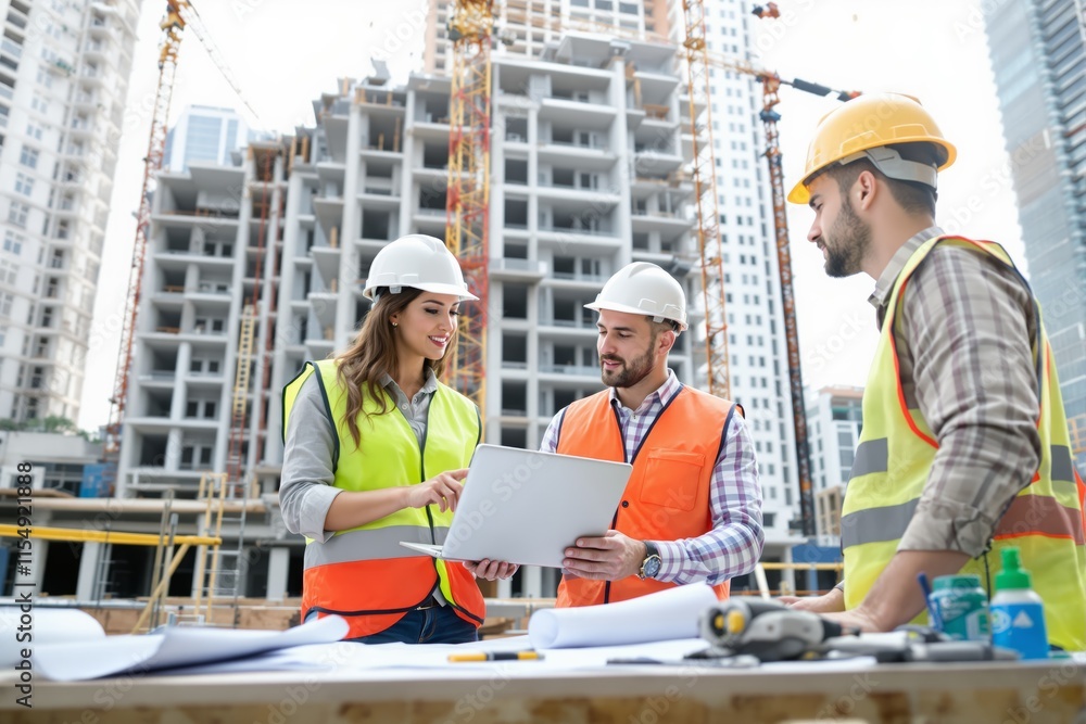 Poster construction workers discussing a project with a laptop on site, surrounded by building structures a