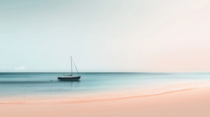 minimalistic ocean vista with single boat, pristine waters fading into sandy shoreline, smooth color blend from navy to peach, contemporary design, elegant composition, digital art