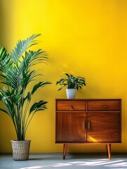 Yellow wall plants and mid century modern cabinet