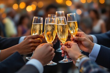 Group toasting champagne glasses at celebration event with blurred festive background.