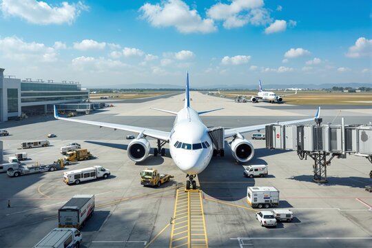 Airplane docked at the airport gate with ground vehicles and clear blue sky background.