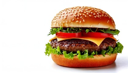 A delicious burger with layers of fresh ingredients placed on a white background