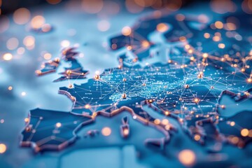 Digital map of Europe highlighting network connections with glowing points on a blue background.