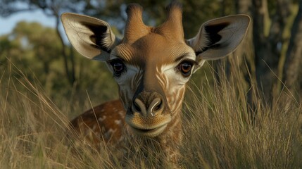 Naklejka premium Close-Up of a Young Giraffe in Natural Habitat Surrounded by Green Grass and Trees, Capturing the Curiosity and Beauty of Wildlife in a Serene Setting