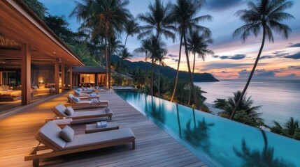 Fototapeta premium romantic beach resort setting, infinity edge pool, wooden sundeck, beach lounge chairs, palm grove backdrop, tropical sunset view, luxury vacation atmosphere, oceanfront panorama, warm evening glow