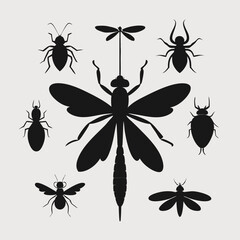 Insect silhouettes bees dragonflies and ants vector art illustration