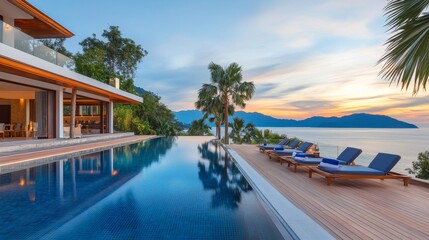 Fototapeta premium coastal luxury retreat, infinity swimming pool edge, tropical palm trees lineup, wooden terrace deck, beach loungers, ocean horizon view, sunset reflection, high end resort photography, panoramic