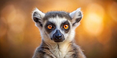 Obraz premium A Close-Up Portrait of a Ring-Tailed Lemur with Striking Orange Eyes Against a Warm, Blurred Background