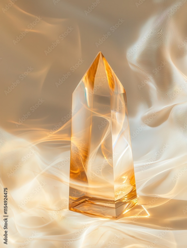 Poster triangular prism refracting light into golden spectrum studio setting abstract art close-up perspect
