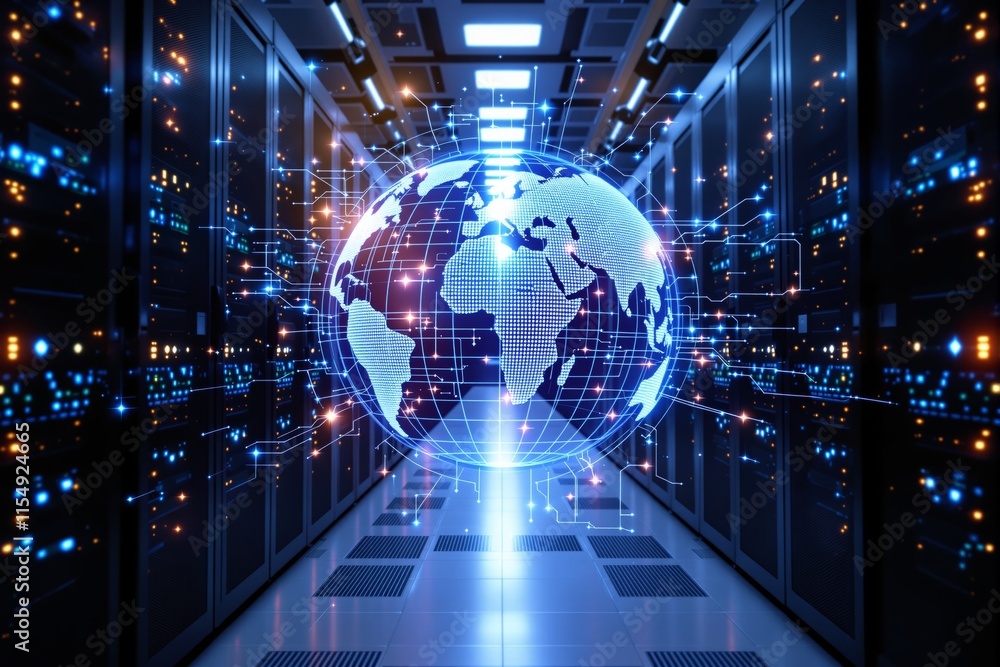 Poster Digital globe with network connections in a futuristic server room background.
