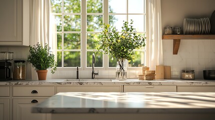 Sunlit kitchen with plants and decor, capturing cozy and inviting atmosphere.
