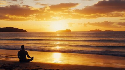 Fototapeta premium beach meditation silhouette, golden sunset sky, lotus position, calm ocean waves, distant islands, peaceful yoga pose, sandy beach foreground, serene beach landscape, warm evening glow