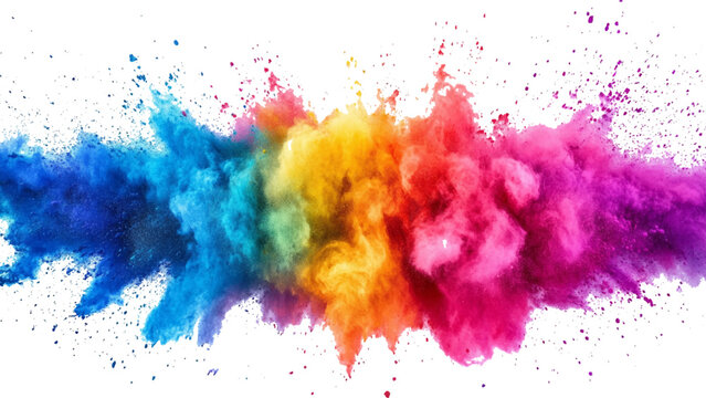colorful mixed rainbow powder explosion isolated on white background. Rainbow paint splash multicolor powder explosion on white background. 