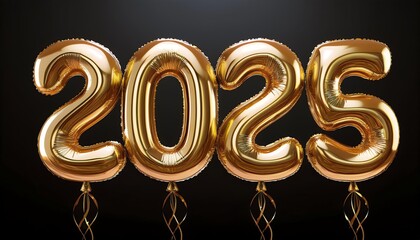 A vibrant display of golden balloons shaped like the numbers "2025," perfect for celebrations and New Year's festivities.