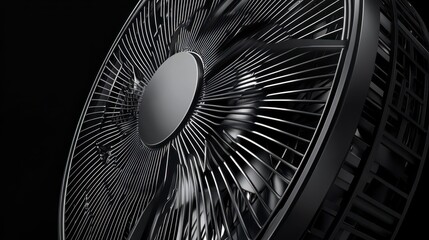 Close-up of a black desk fan with metallic blades and a circular design.