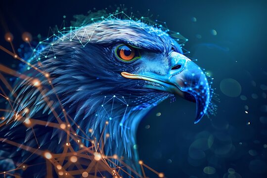 Abstract digital art of eagle head with network connections.