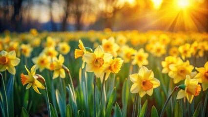 Obraz premium Golden daffodils bathed in the warm glow of a setting sun, a vibrant springtime scene