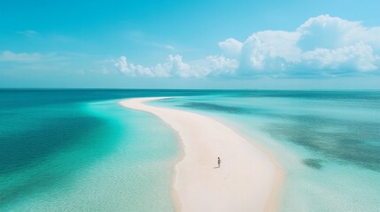 Fototapeta premium paradise beach composition, pure turquoise seawater, powdery white sand foreground, soft wave patterns, vibrant sky backdrop, minimal tropical landscape, serene ocean view, pristine beach photography