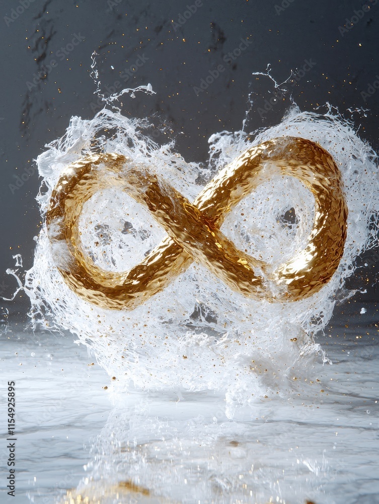 Poster swirling gold and white particles creating infinite symbol abstract digital art studio setting high-