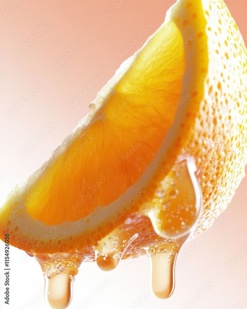 Poster suspended glowing orange wedge dripping juice studio setting macro vibrant background close-up view 