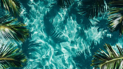 top down tropical view, emerald palm leaves, azure water surface, dramatic palm shadows, crystal clear lagoon, artistic beach composition, vivid island colors, aerial beach photography